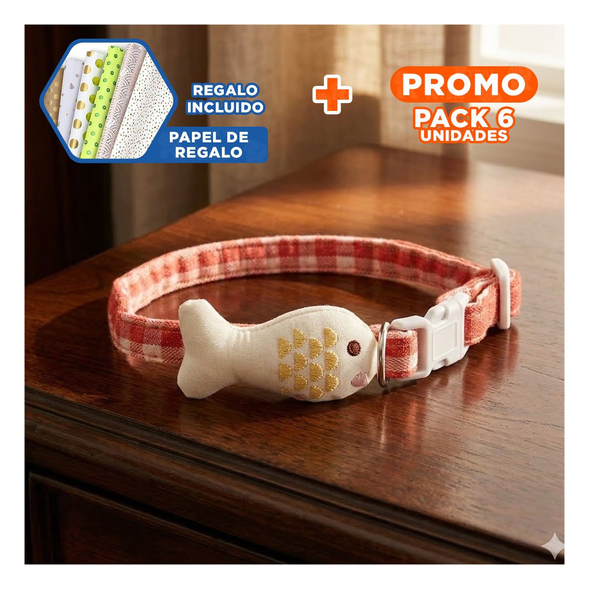 PACK6 COLLARIN COMODO MODELO PEZ ROJO PARA MASCOTA Y+PAPEL REGALO - 1