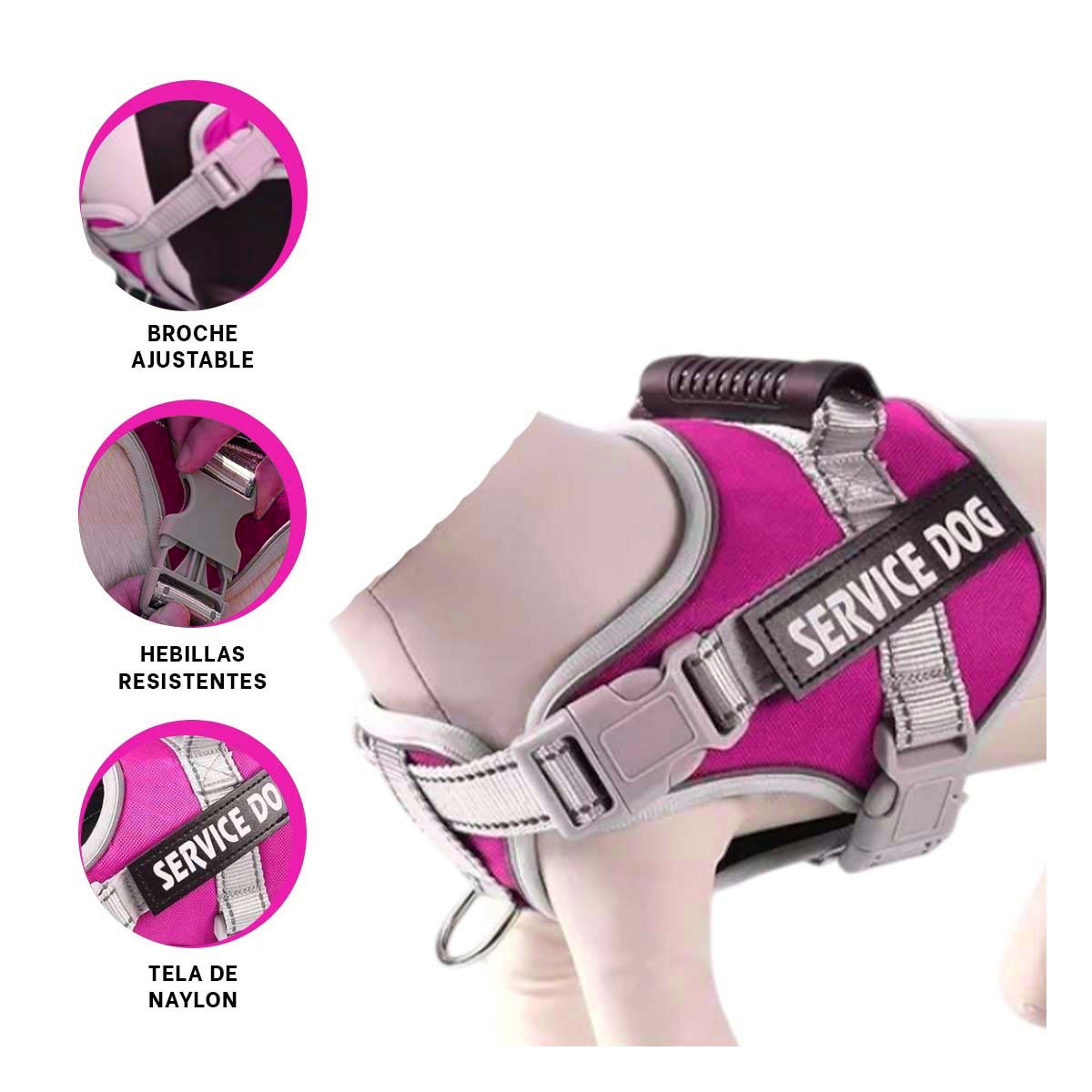 CHALECO PROFESIONAL SERVICE DOG TALLA XS FUCSIA CON ASA - 3