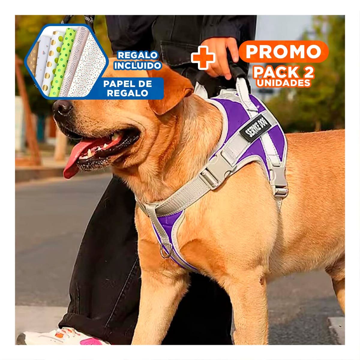 PACK2 HARNESS AJUSTABLE SERVICE DOG TALLA XL MORADO CON ASA Y+PAPEL REGALO - 1