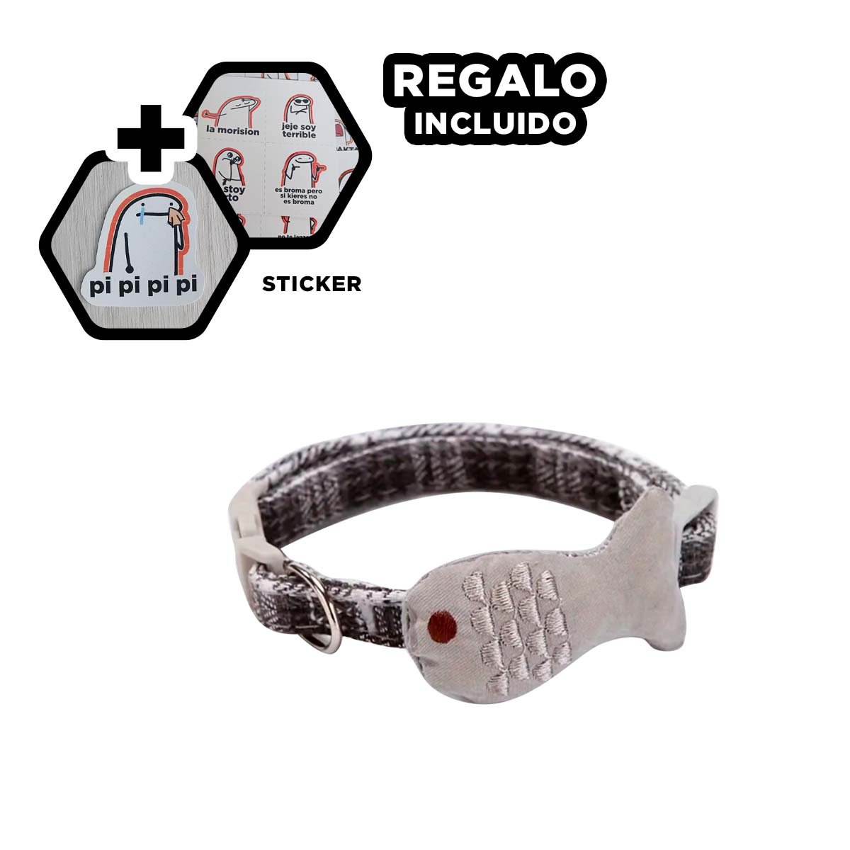 COLLARIN AJUSTABLE MODELO PEZ GRIS PARA MASCOTA Y+REGALO STICKER - 1
