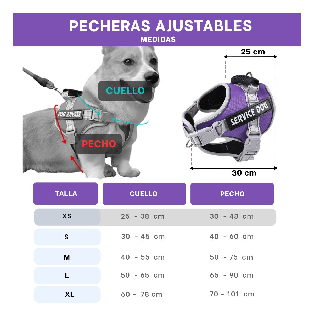 PACK6 HARNESS RESISTENTE SERVICE DOG TALLA XS MORADO CON ASA - 4
