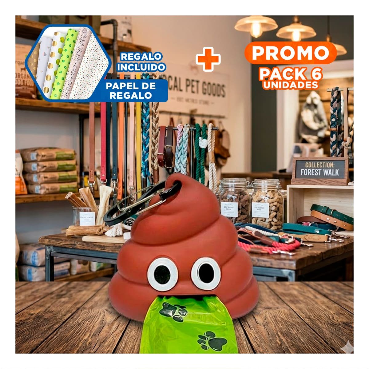PACK6 SOPORTE LIGERO DE BOLSAS EN FORMA DE POPO MARRON Y+PAPEL REGALO - 1
