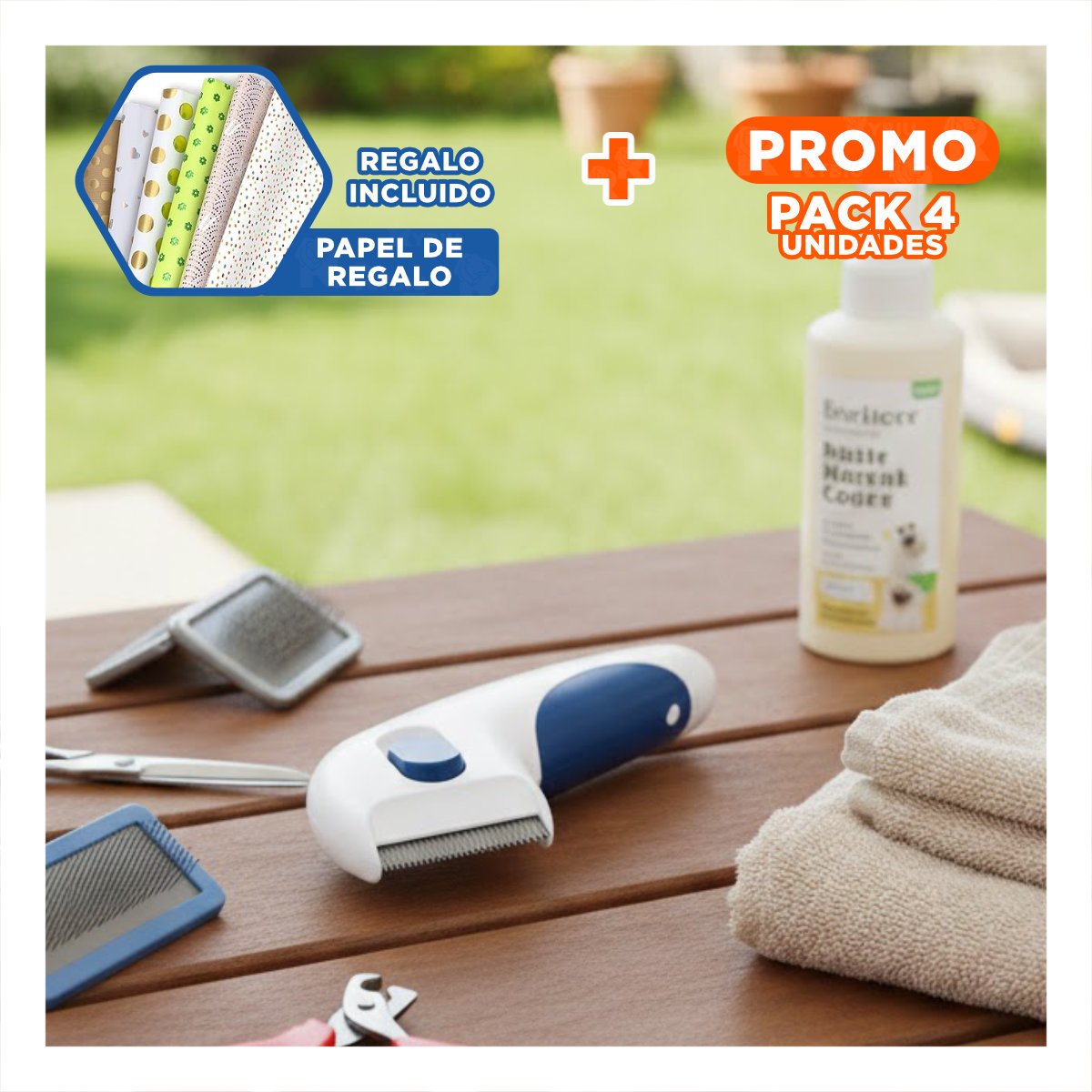 PACK4 CEPILLO PROFESIONAL ELECTRICO BLANCO CON AZUL PARA MASCOTAS Y+PAPEL REGALO - 1