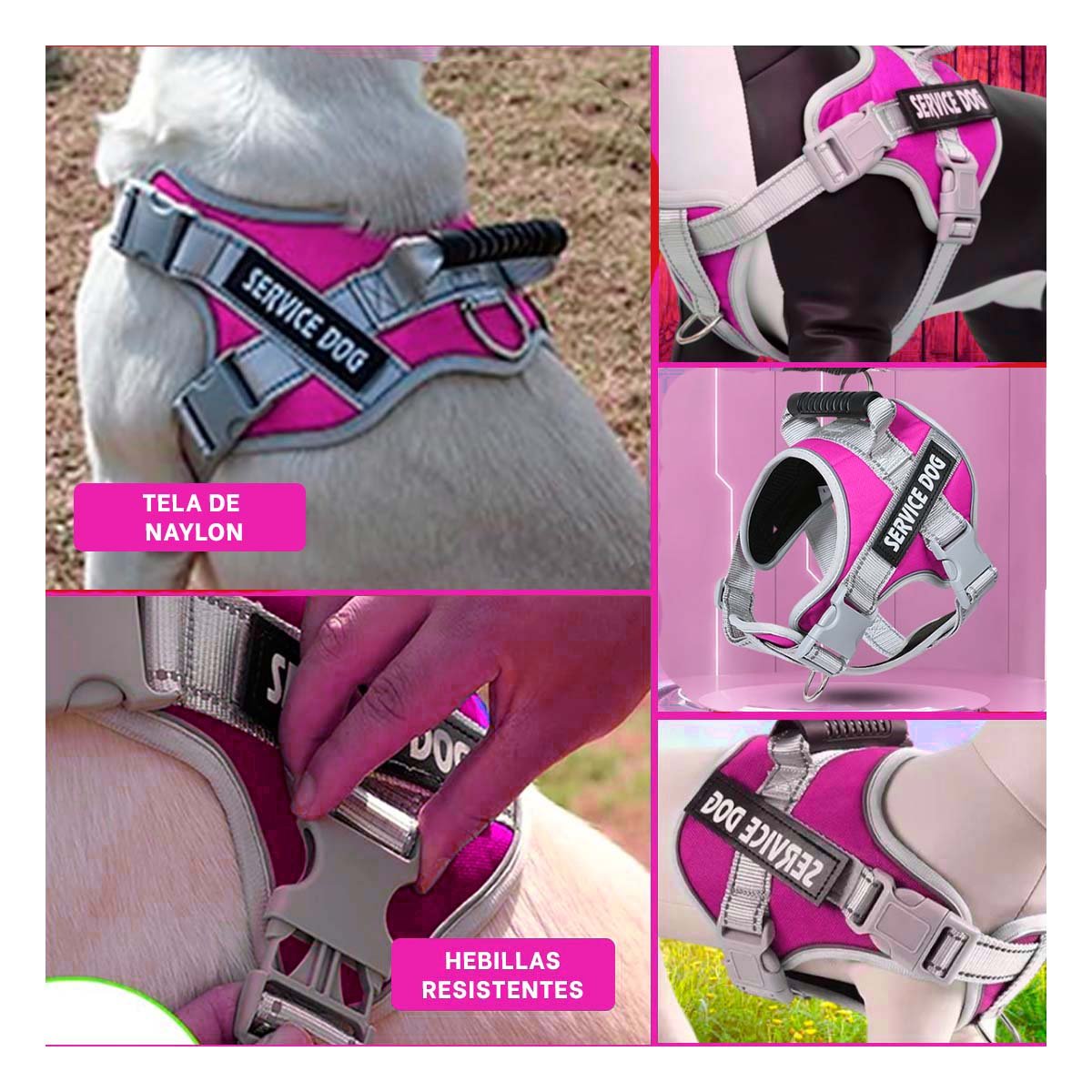 PACK4 CHALECO RESISTENTE SERVICE DOG TALLA XS FUCSIA CON ASA Y+REGALO STICKER - 2