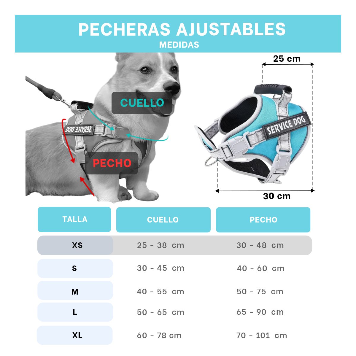 HARNESS PROFESIONAL SERVICE DOG TALLA XS TURQUEZA CON ASA Y+PAPEL REGALO - 4
