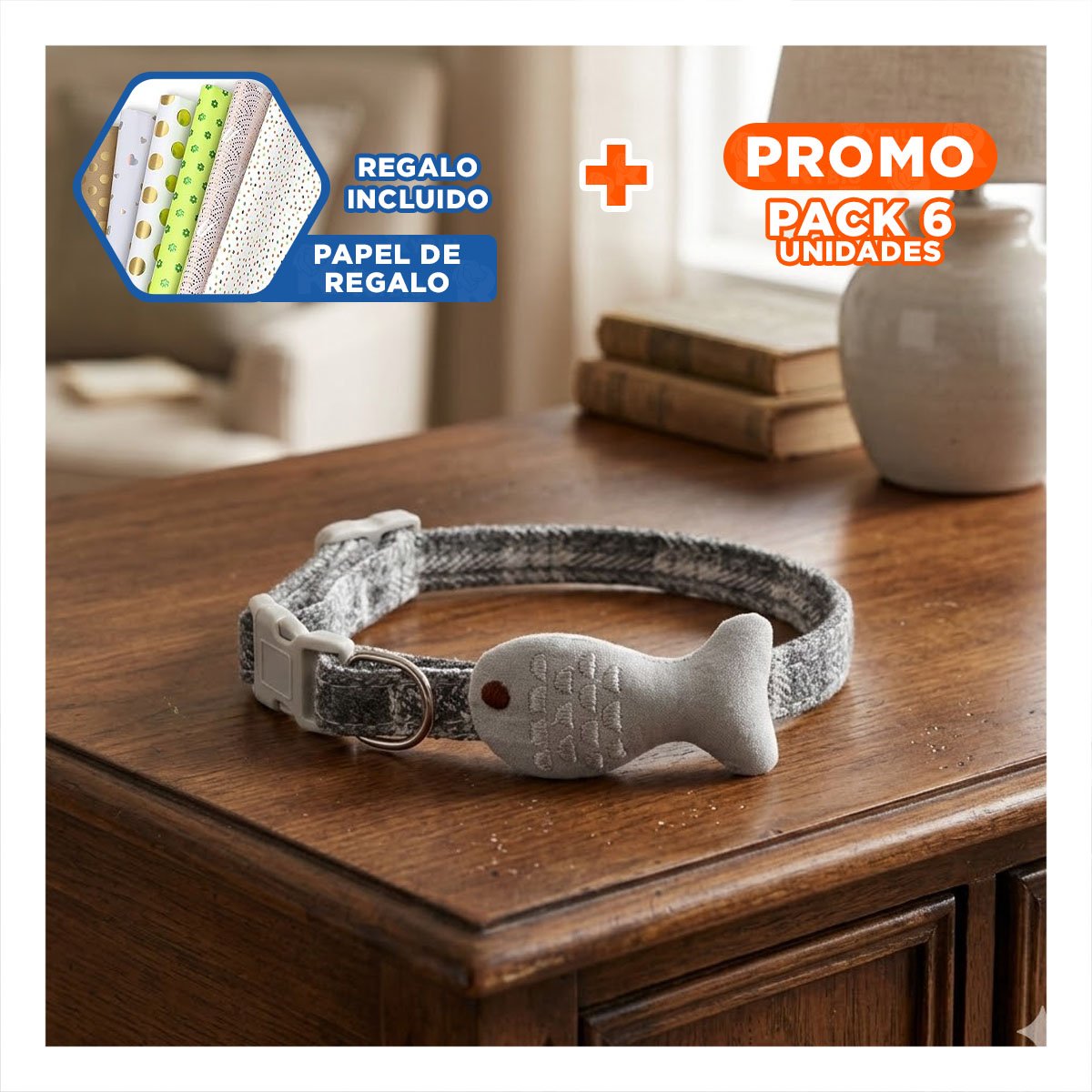 PACK6 COLLARIN COMODO MODELO PEZ GRIS PARA MASCOTA Y+PAPEL REGALO - 1
