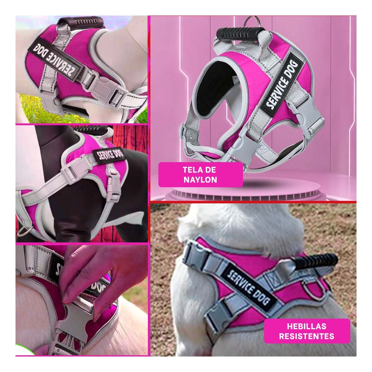PACK2 HARNESS AJUSTABLE SERVICE DOG TALLA XS FUCSIA CON ASA Y+PAPEL REGALO - 3