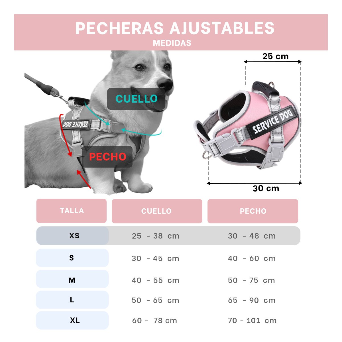 PACK6 PECHERA COMODA SERVICE DOG TALLA XS ROSADO CLARO CON ASA Y+REGALO STICKER - 4