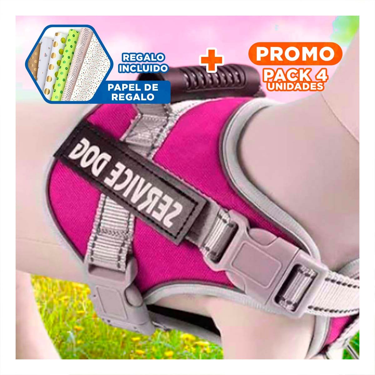 PACK4 ARNES RESISTENTE SERVICE DOG TALLA XS FUCSIA CON ASA Y+PAPEL REGALO - 1