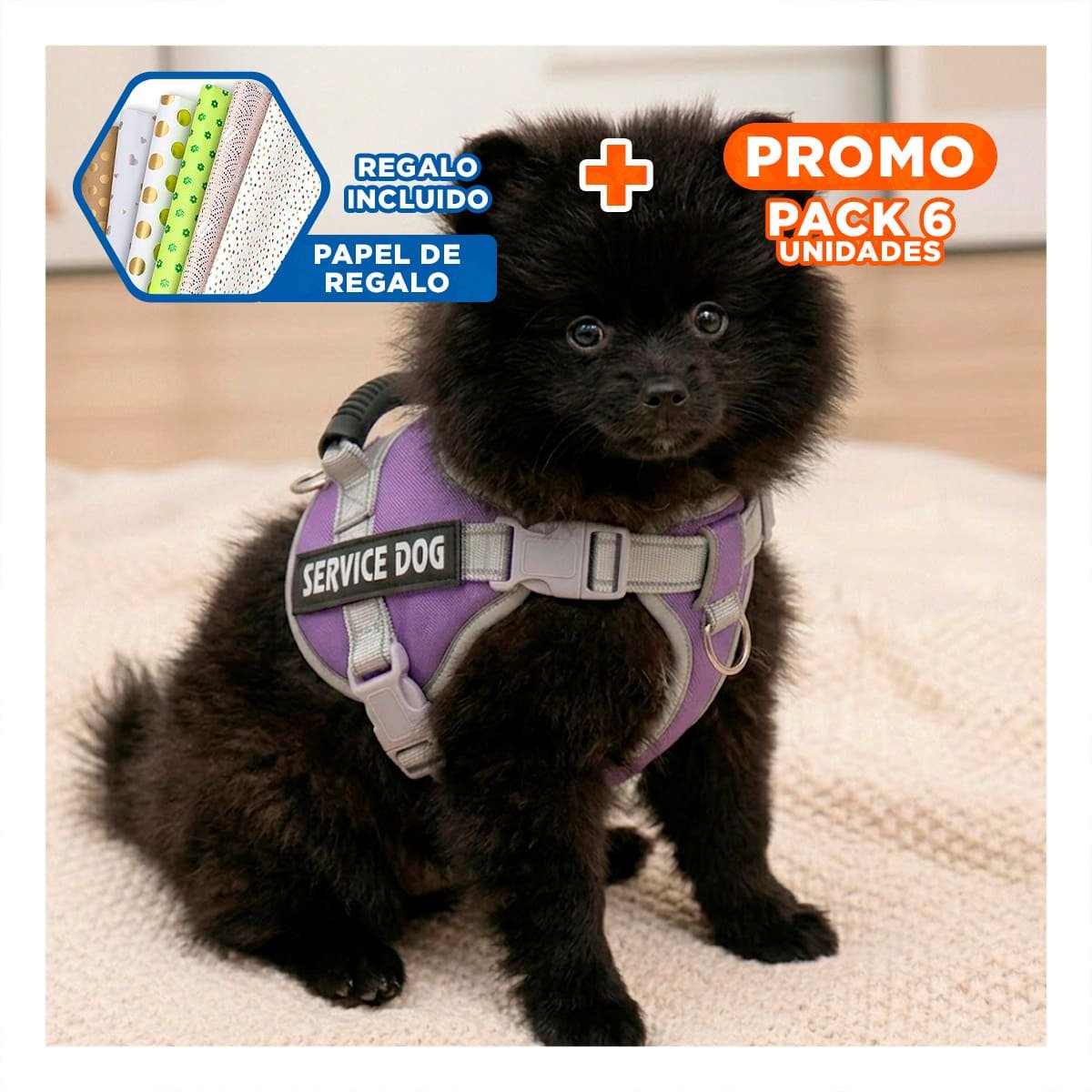PACK6 PETO RESISTENTE SERVICE DOG TALLA XS MORADO CON ASA Y+PAPEL REGALO - 1