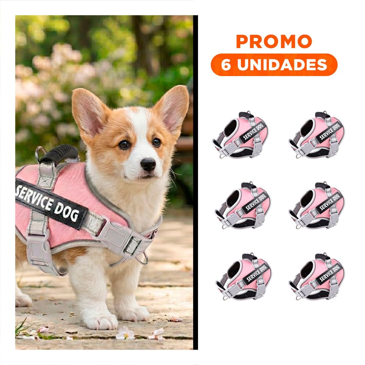 PACK6 HARNESS RESISTENTE SERVICE DOG TALLA XS ROSADO CLARO CON ASA - 1
