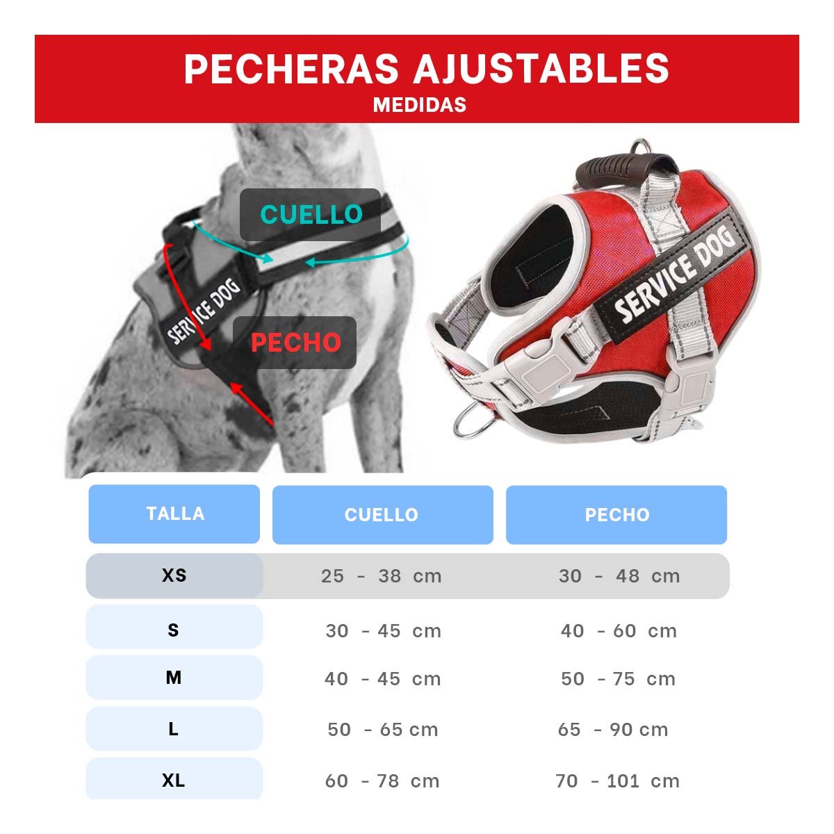 PACK6 HARNESS RESISTENTE SERVICE DOG TALLA XS ROJO CON ASA - 4