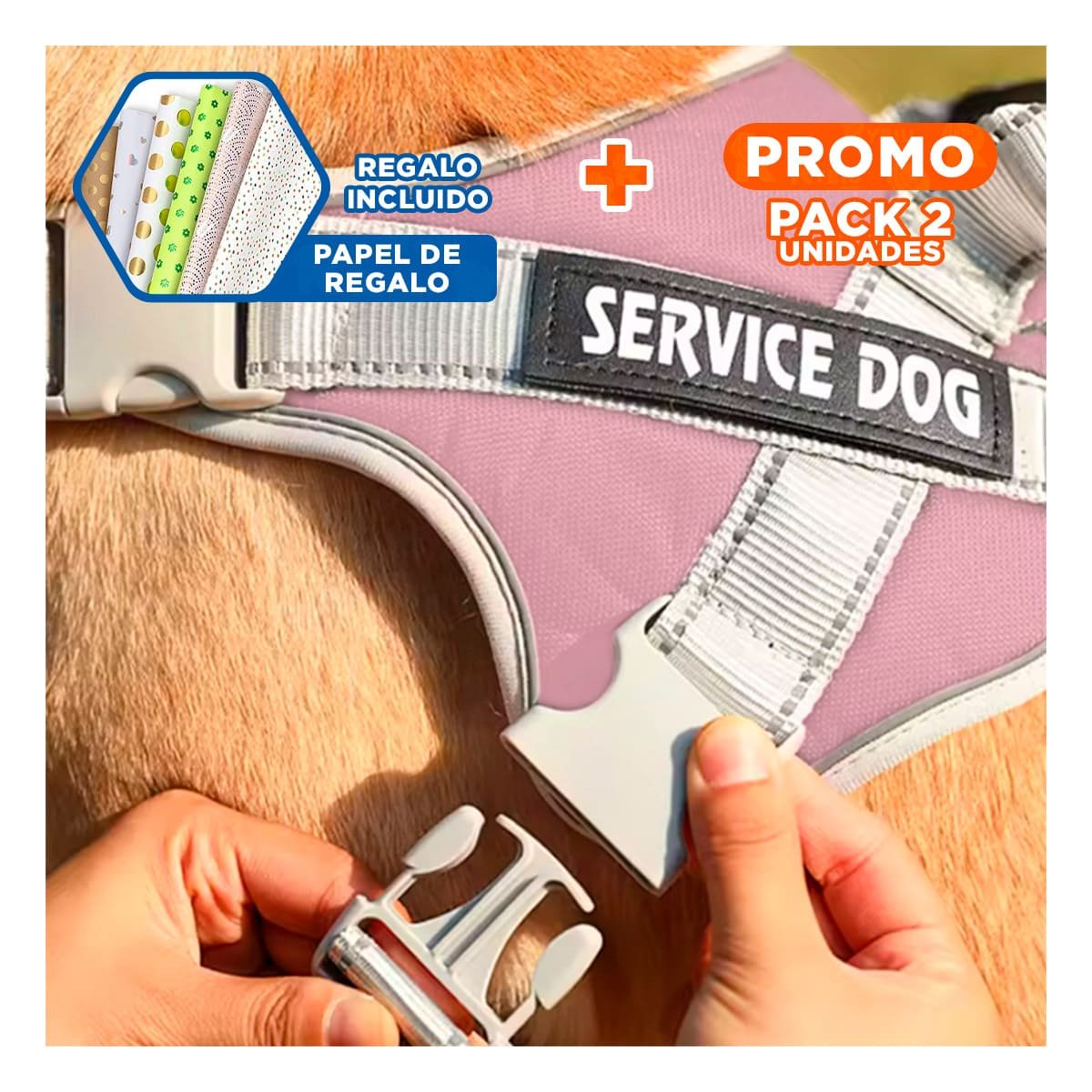 PACK2 HARNESS AJUSTABLE SERVICE DOG TALLA XS ROSADO CLARO CON ASA Y+PAPEL REGALO - 1