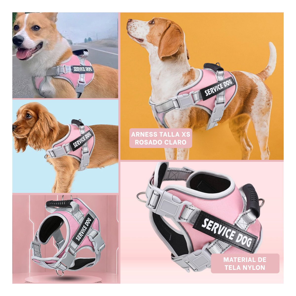 PACK2 HARNESS AJUSTABLE SERVICE DOG TALLA XS ROSADO CLARO CON ASA Y+PAPEL REGALO - 3