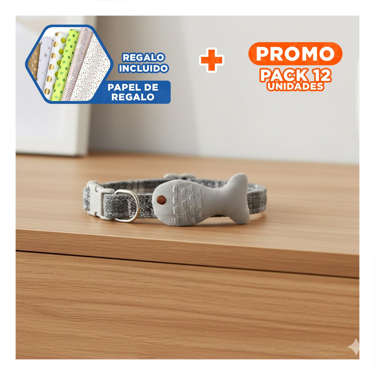 PACK12 CINTA RESISTENTE MODELO PEZ GRIS PARA MASCOTA Y+PAPEL REGALO - 1