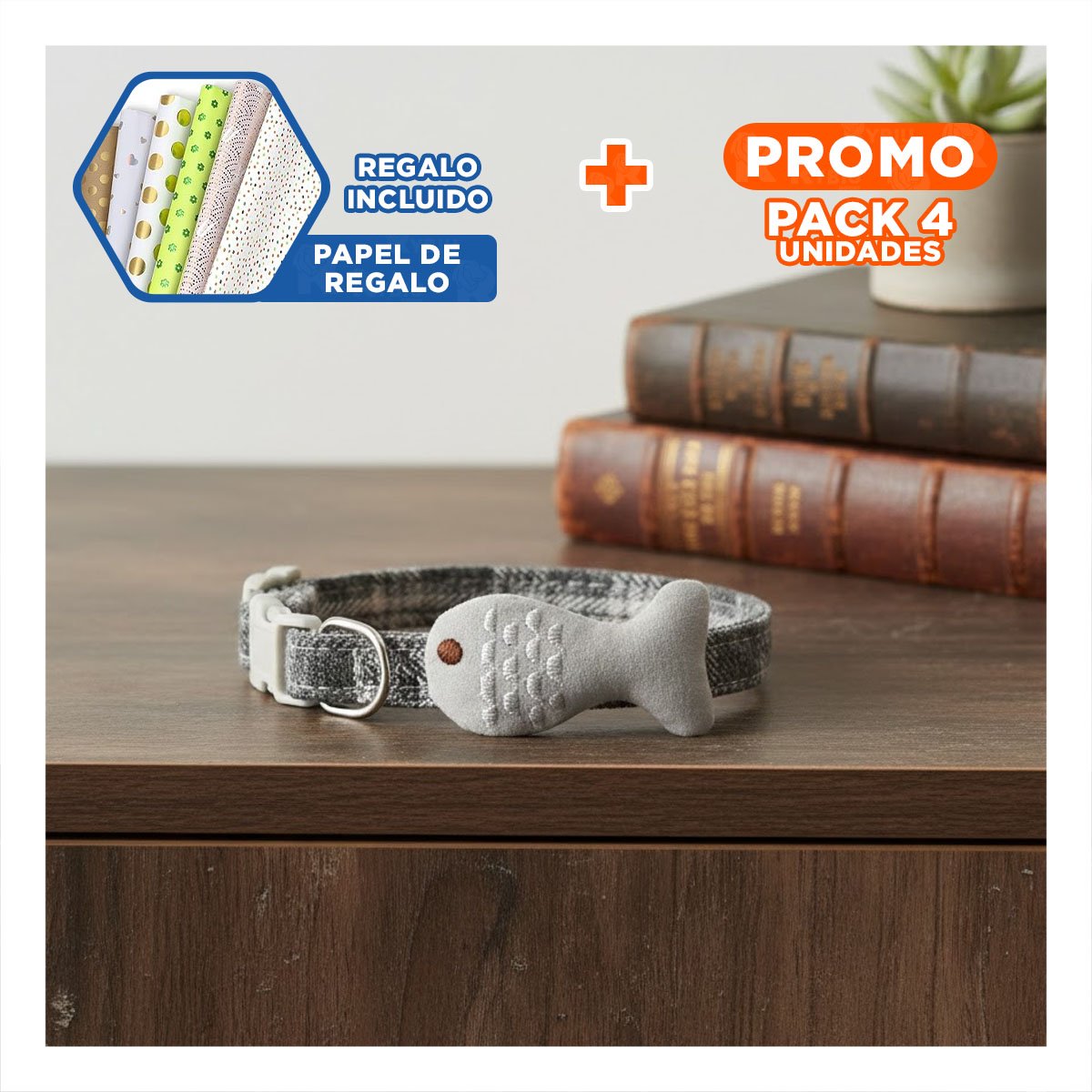 PACK4 GARGANTILLA COMODA MODELO PEZ GRIS PARA MASCOTA Y+PAPEL REGALO - 1