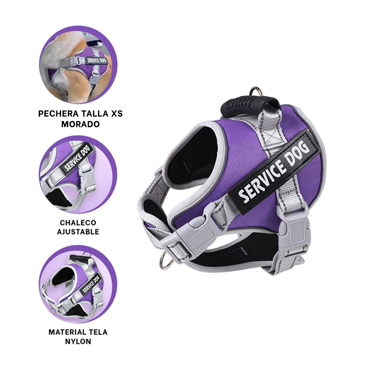 PECHERA AJUSTABLE SERVICE DOG TALLA XS MORADO CON ASA Y+LIGAS REGALO - 3