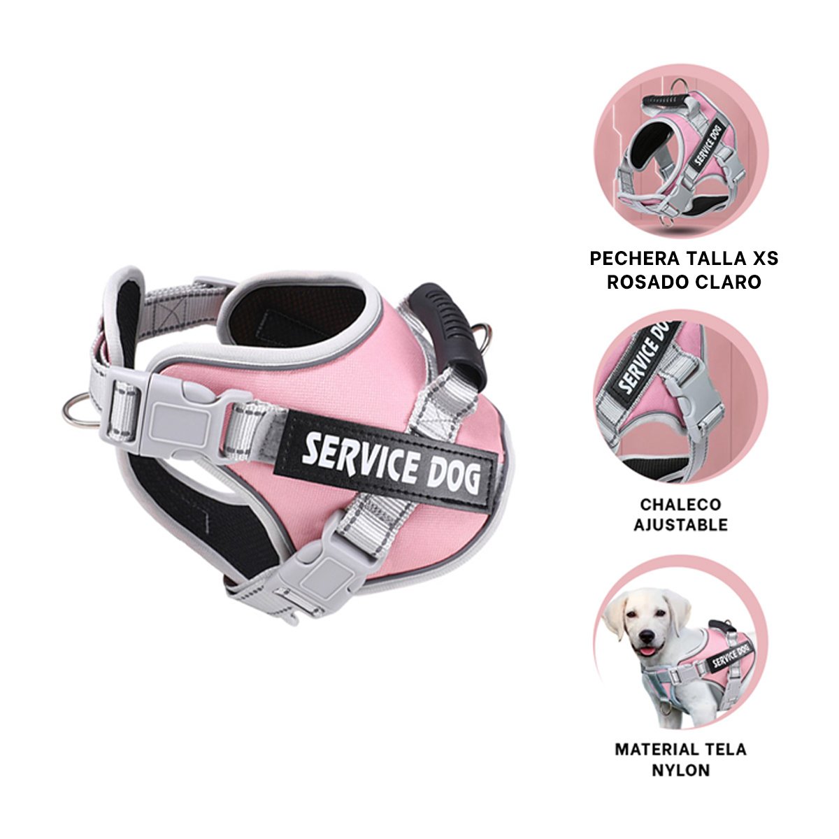 CHALECO PROFESIONAL SERVICE DOG TALLA XS ROSADO CLARO CON ASA - 3