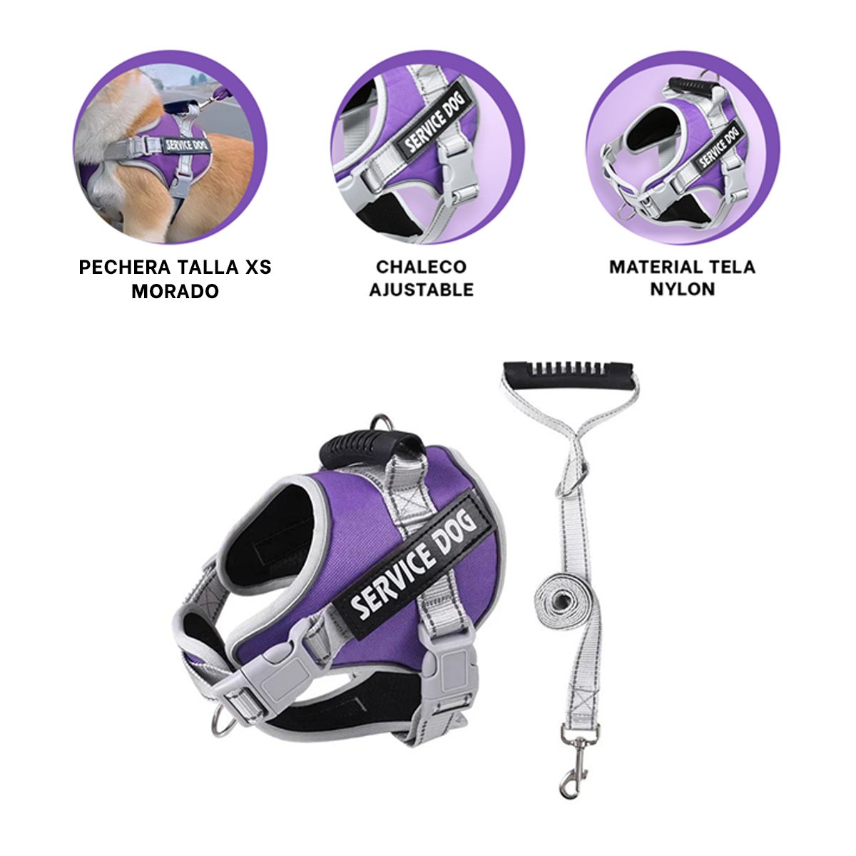 CHALECO PROFESIONAL SERVICE DOG TALLA XS MORADO CON ASA - 3