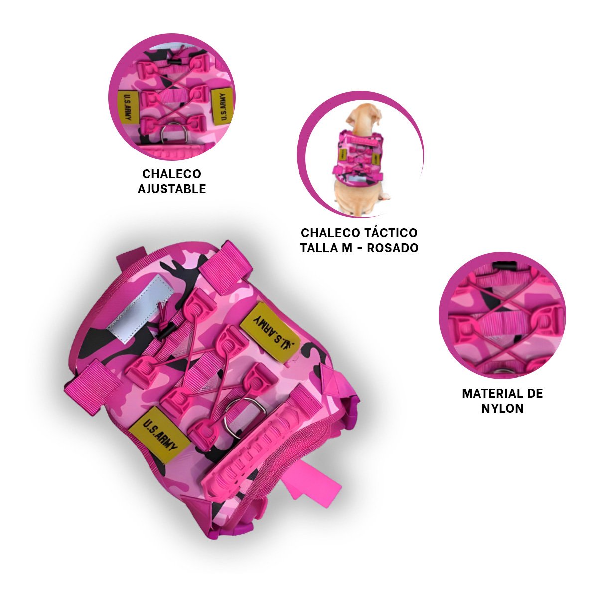 HARNESS TACTICO ROSADO PARA PERRO TALLA M PECHERA AJUSTABLE - 3