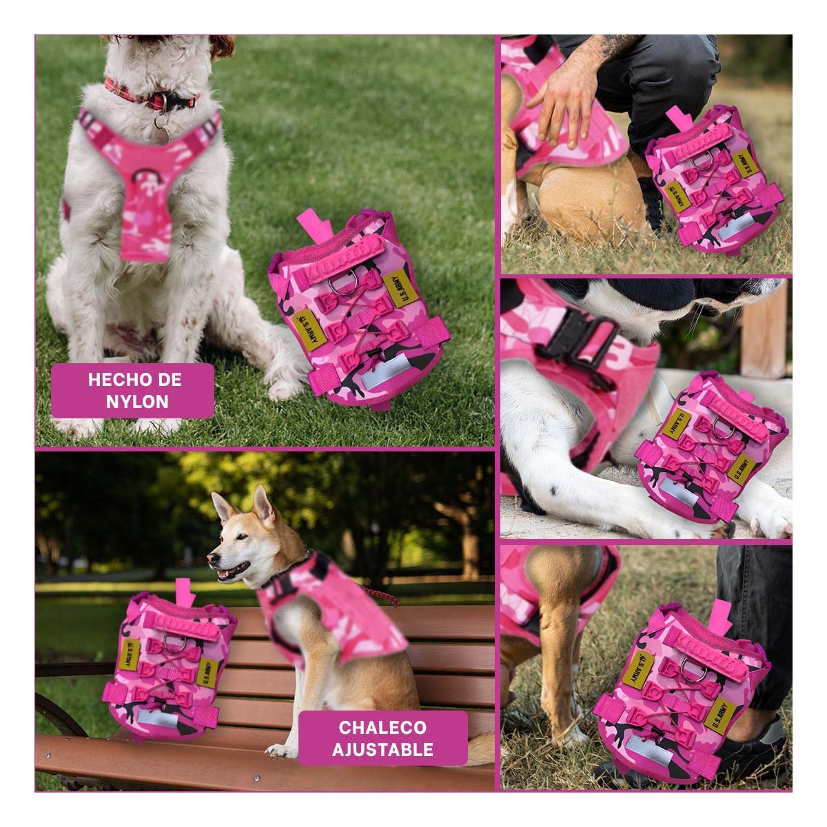 PACK4 HARNESS CANINO TACTICO ROSADO TALLA M PECHERA FIRME Y+REGALO STICKER - 2