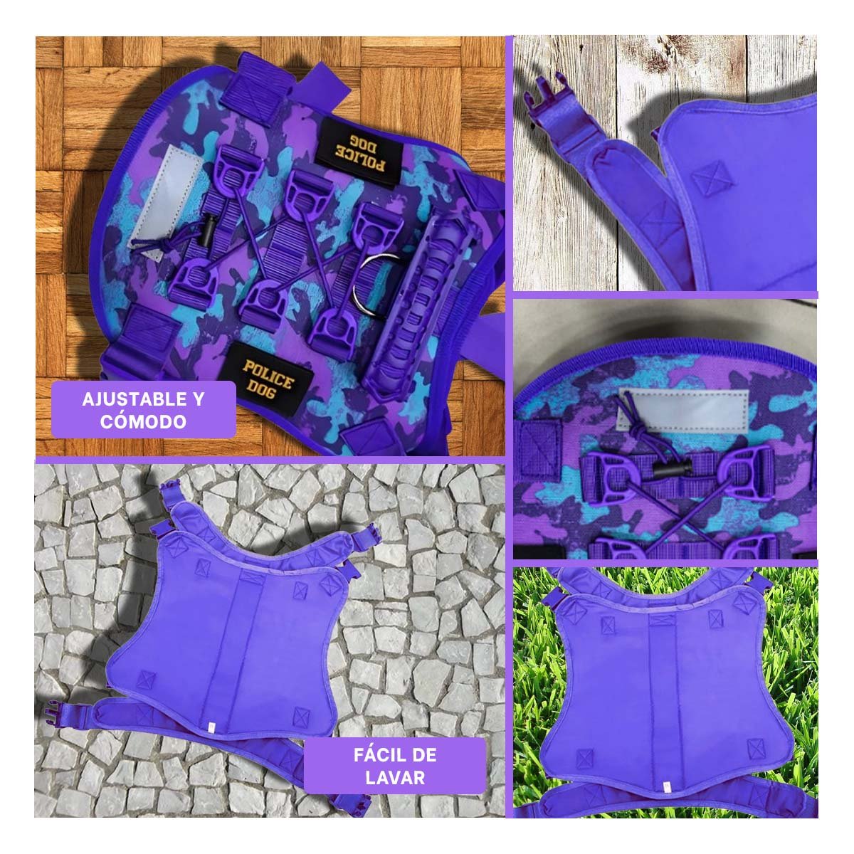 PACK2 PECHERA AJUSTABLE PARA PERRO MORADO TALLA S TACTICO Y+PAPEL REGALO - 3
