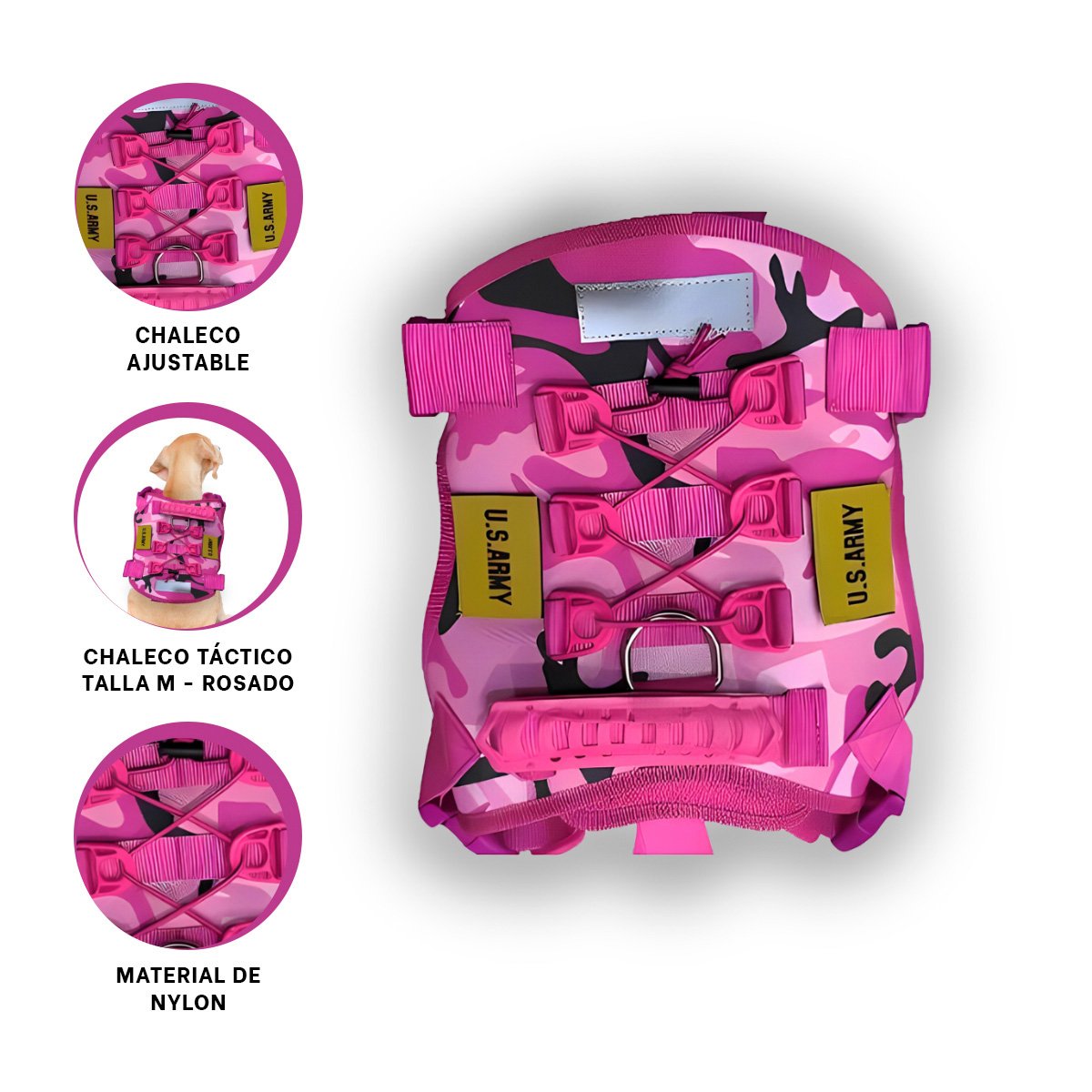 PECHERA DE PERRO TACTICO ROSADO TALLA M CHALECOS PARA USO URBANO Y+LIGAS REGALO - 3