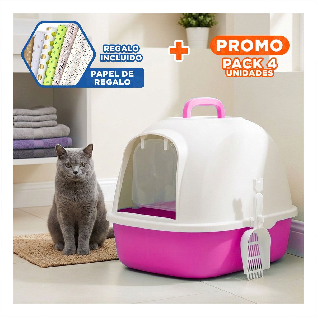 PACK4 BANDEJA CERRADA DE GATO ROSADO CAT CON TAPA SUPERIOR Y+PAPEL REGALO - 1