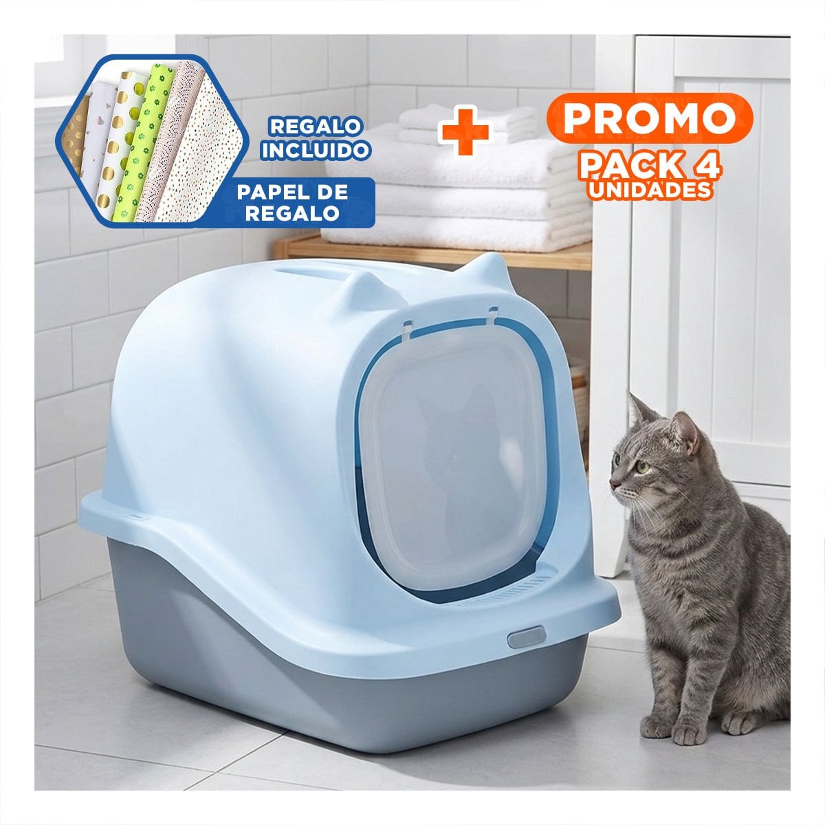 PACK4 BANO CELESTE CON OREJITAS Y TAPA CERRADA PARA GATO Y+PAPEL REGALO - 1
