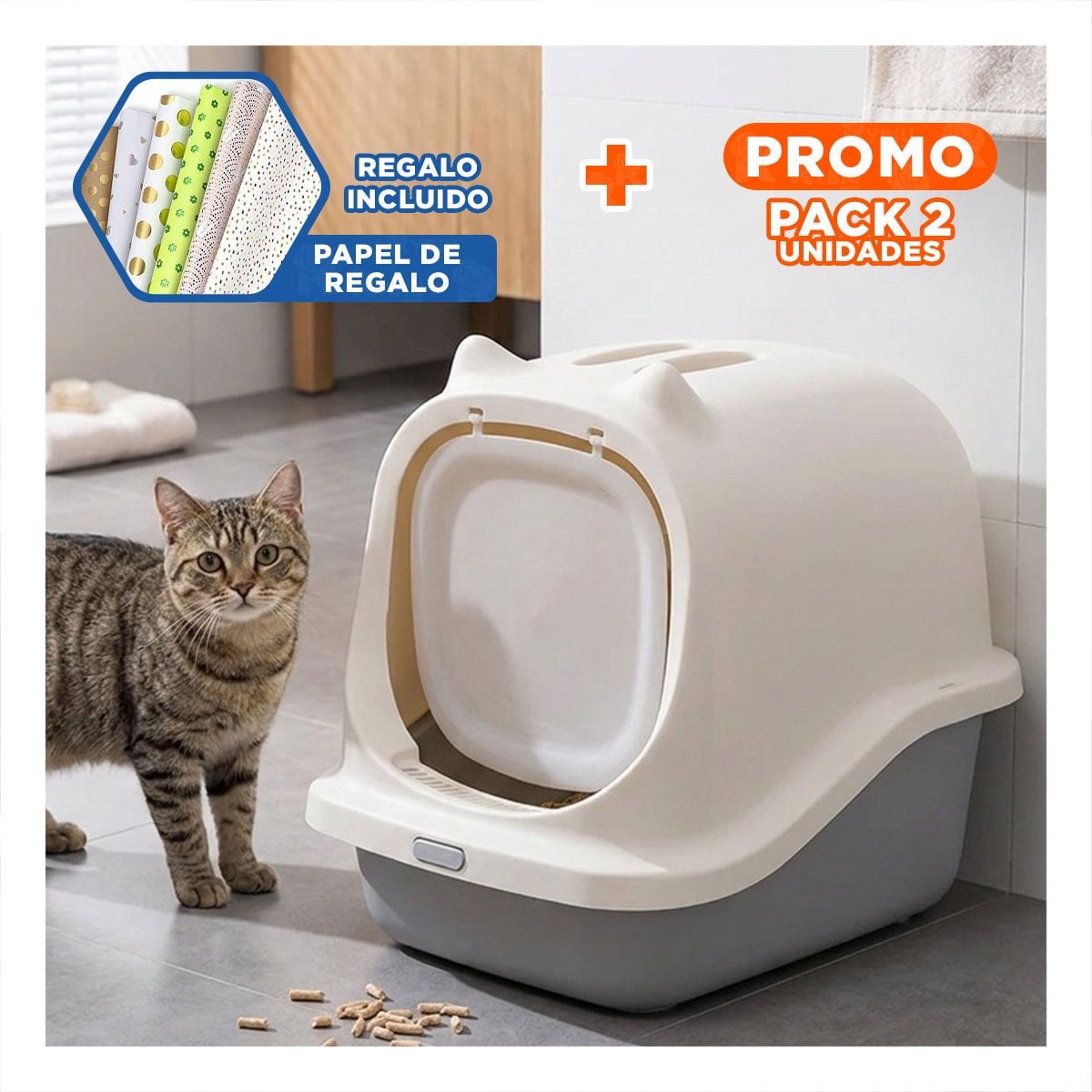 PACK2 CAJA SANITARIA CERRADA PLOMO CON OREJITAS PARA GATO Y+PAPEL REGALO - 1