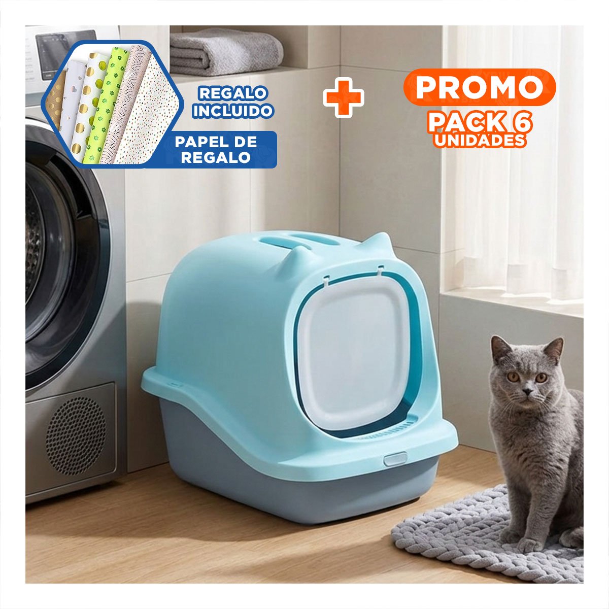PACK6 BANDEJA HIGIENICA PARA GATO CELESTE CERRADA CON OREJITAS Y+PAPEL REGALO - 1