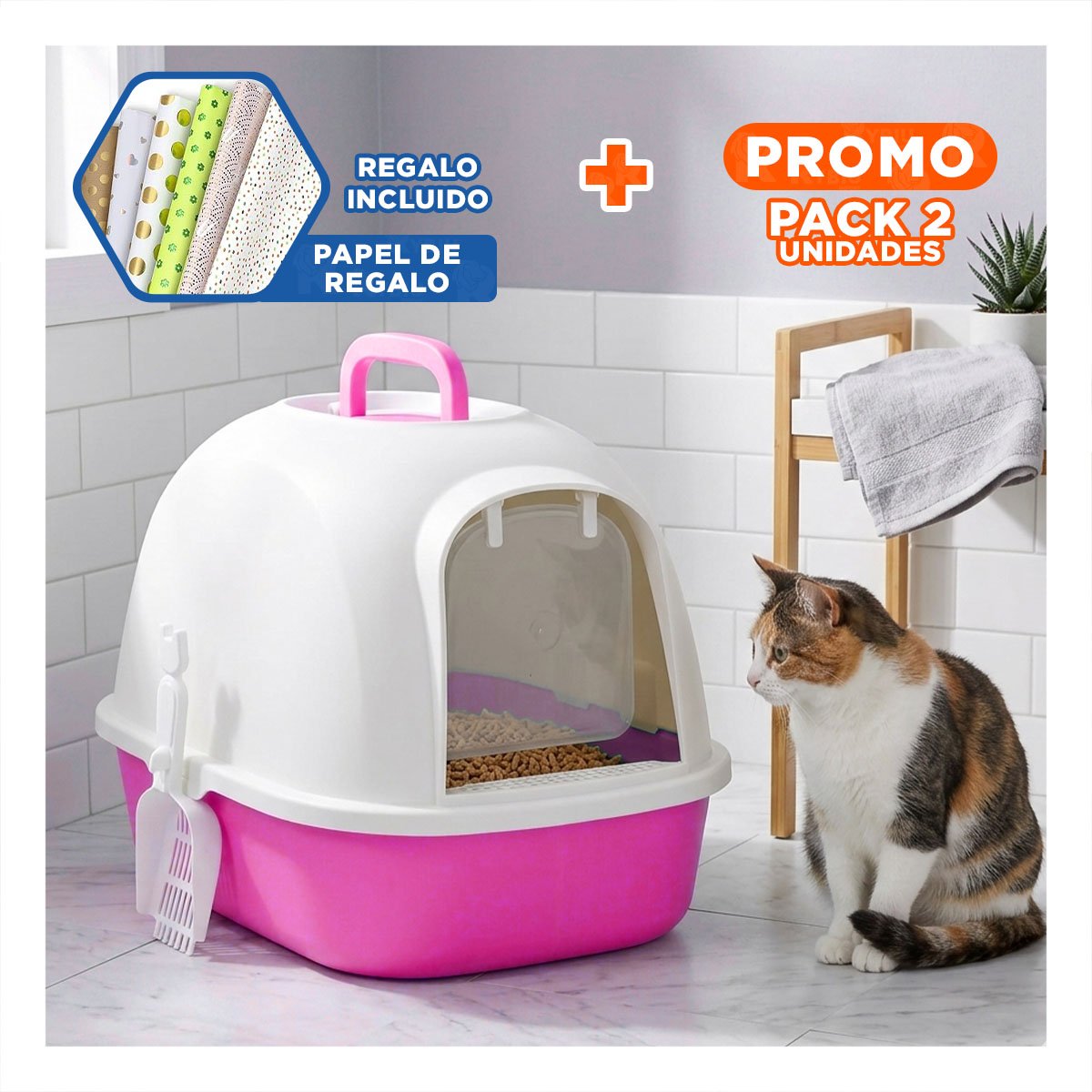 PACK2 ARENERO CERRADO DE GATO ROSADO CAT CON DISENO COMPACTO Y+PAPEL REGALO - 1