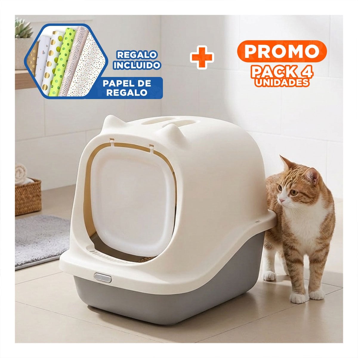 PACK4 BANO PLOMO CON OREJITAS Y TAPA CERRADA PARA GATO Y+PAPEL REGALO - 1