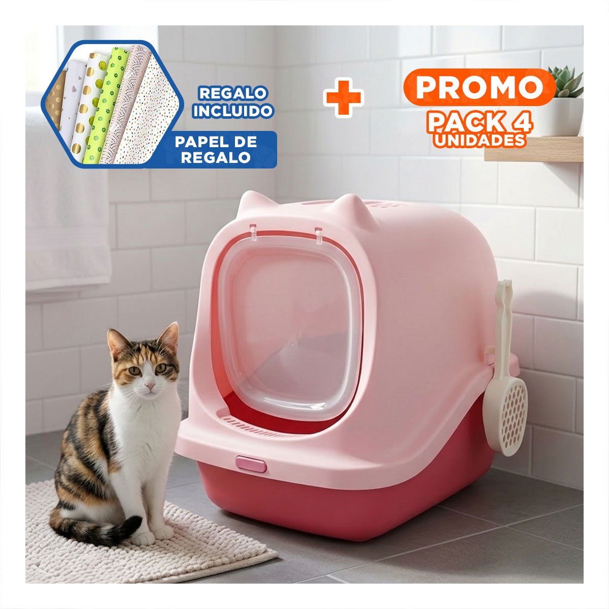 PACK4 ARENERA HIGIENICA CON OREJITAS DE GATO Y TAPA PRACTICA Y+PAPEL REGALO - 1