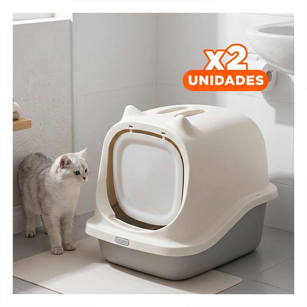 PACK2 BANDEJA HIGIENICA PLOMO CON OREJITAS DECORATIVAS PARA GATO Y+REGALO STICKER - 1