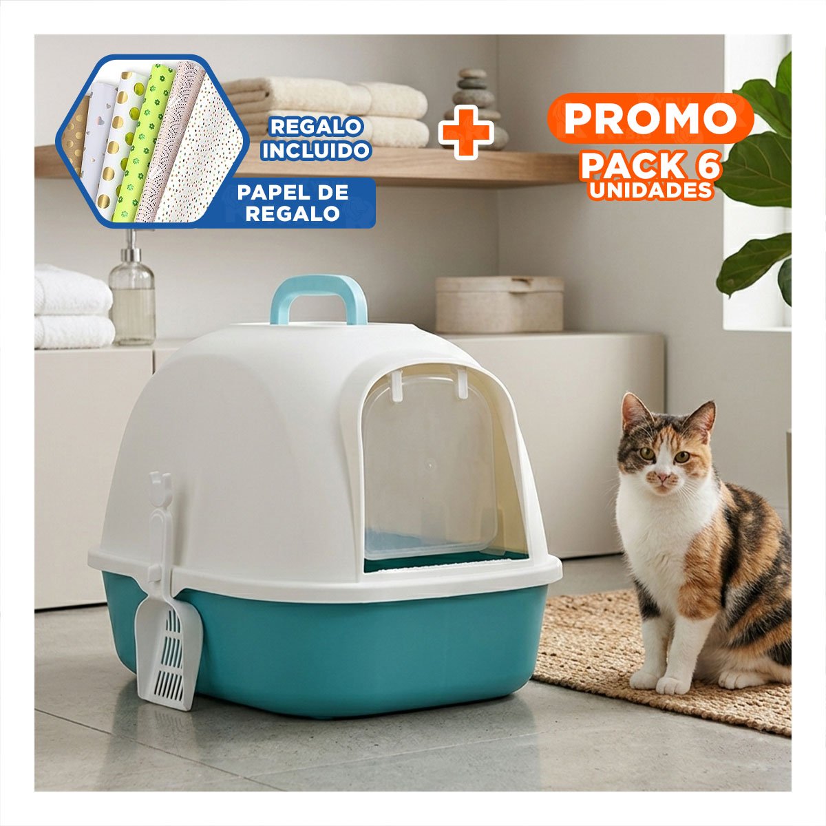 PACK6 BANDEJA PRACTICA CELESTE CERRADA DE GATO PARA HOGAR Y+PAPEL REGALO - 1