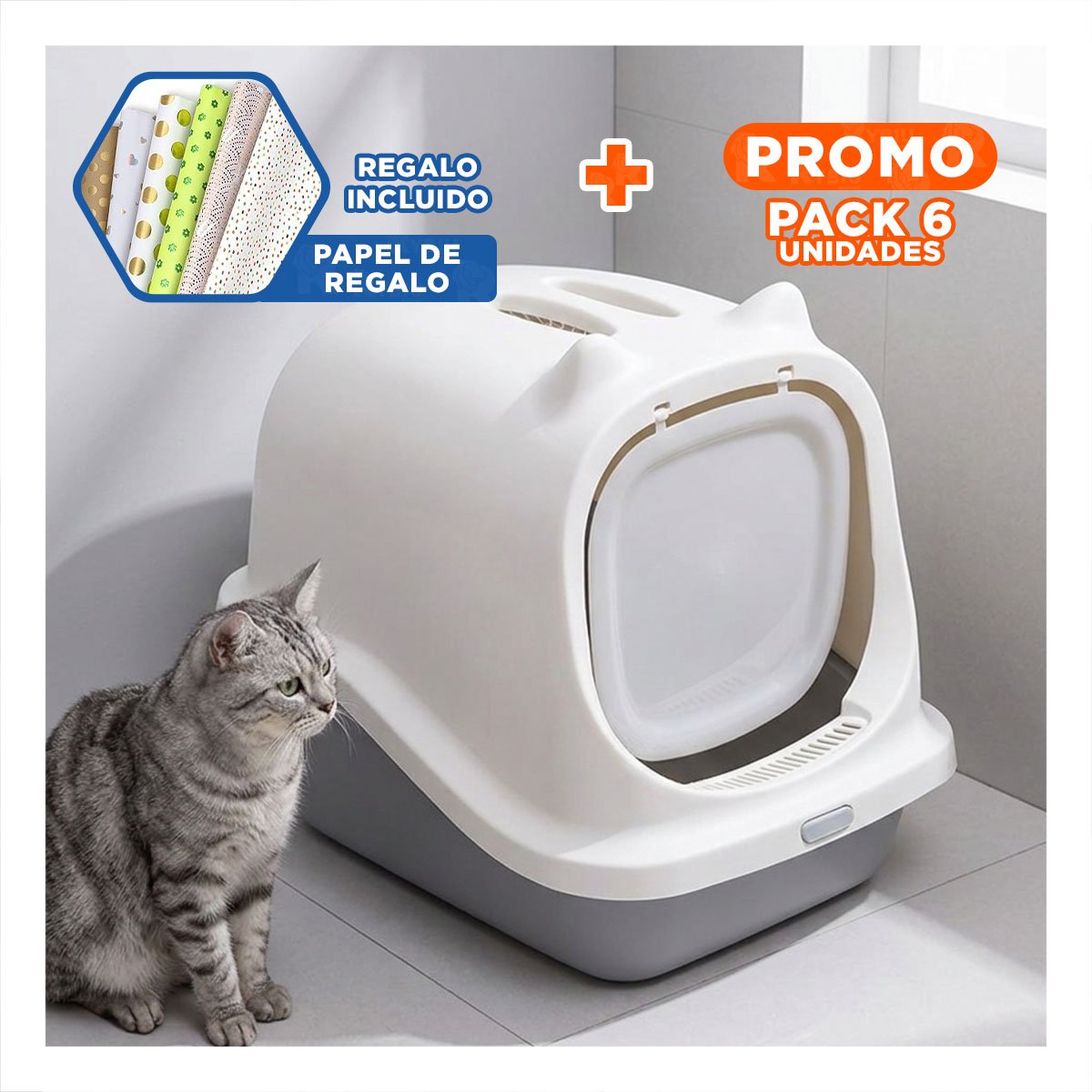 PACK6 BANDEJA HIGIENICA PARA GATO PLOMO CERRADA CON OREJITAS Y+PAPEL REGALO - 1