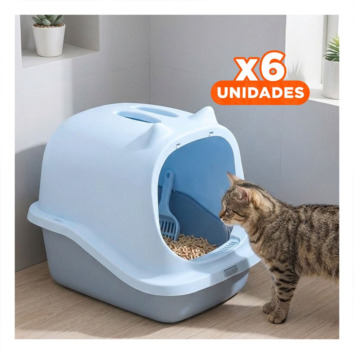 PACK6 SANITARIO PARA GATO CELESTE CERRADO CON OREJITAS Y+REGALO STICKER - 1
