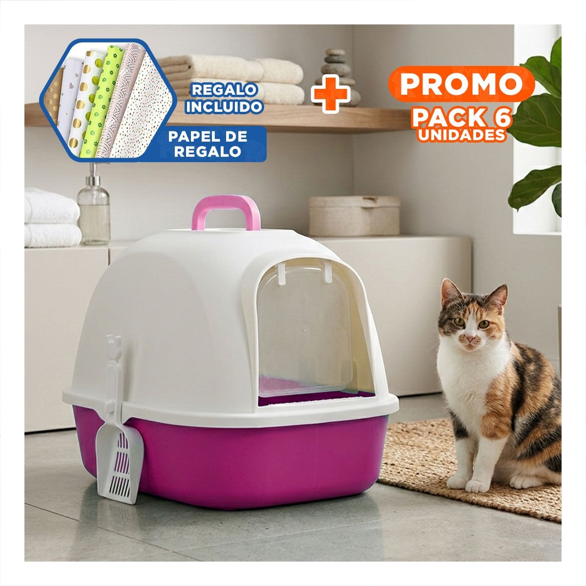 PACK6 ARENERO CUBIERTO DE GATO ROSADO CAT CON DISENO COMPACTO Y+PAPEL REGALO - 1