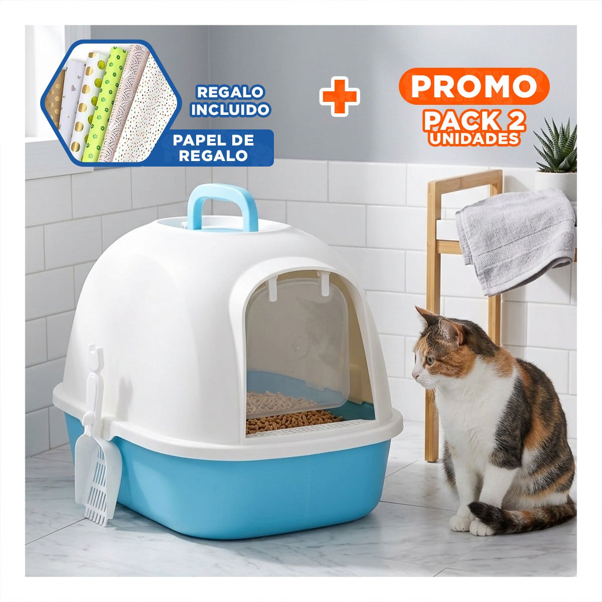 PACK2 CAJA FUNCIONAL CELESTE CERRADA DE GATO PARA CASA Y+PAPEL REGALO - 1