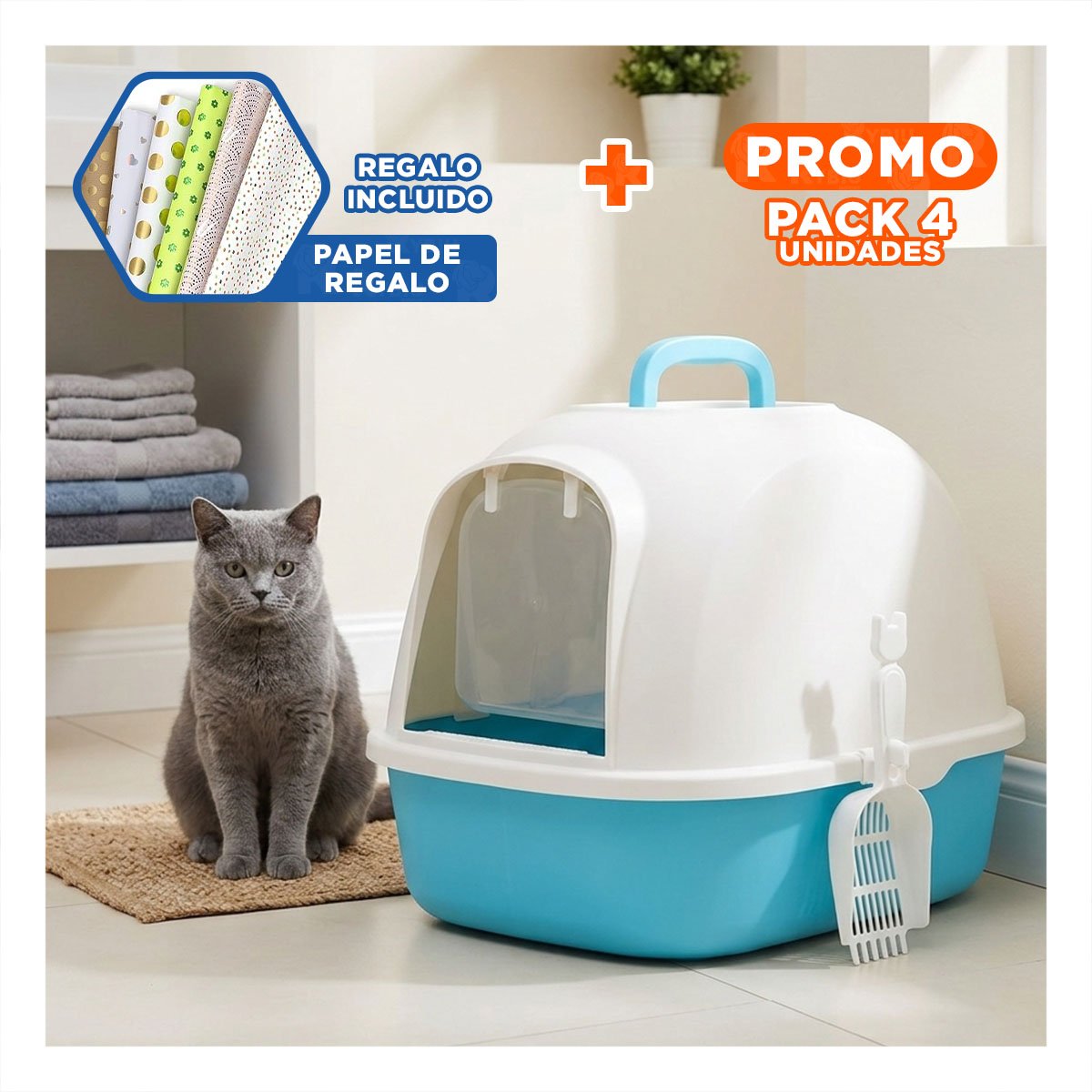 PACK4 ARENERA FUNCIONAL CELESTE CERRADA DE GATO PARA ESPACIOS Y+PAPEL REGALO - 1