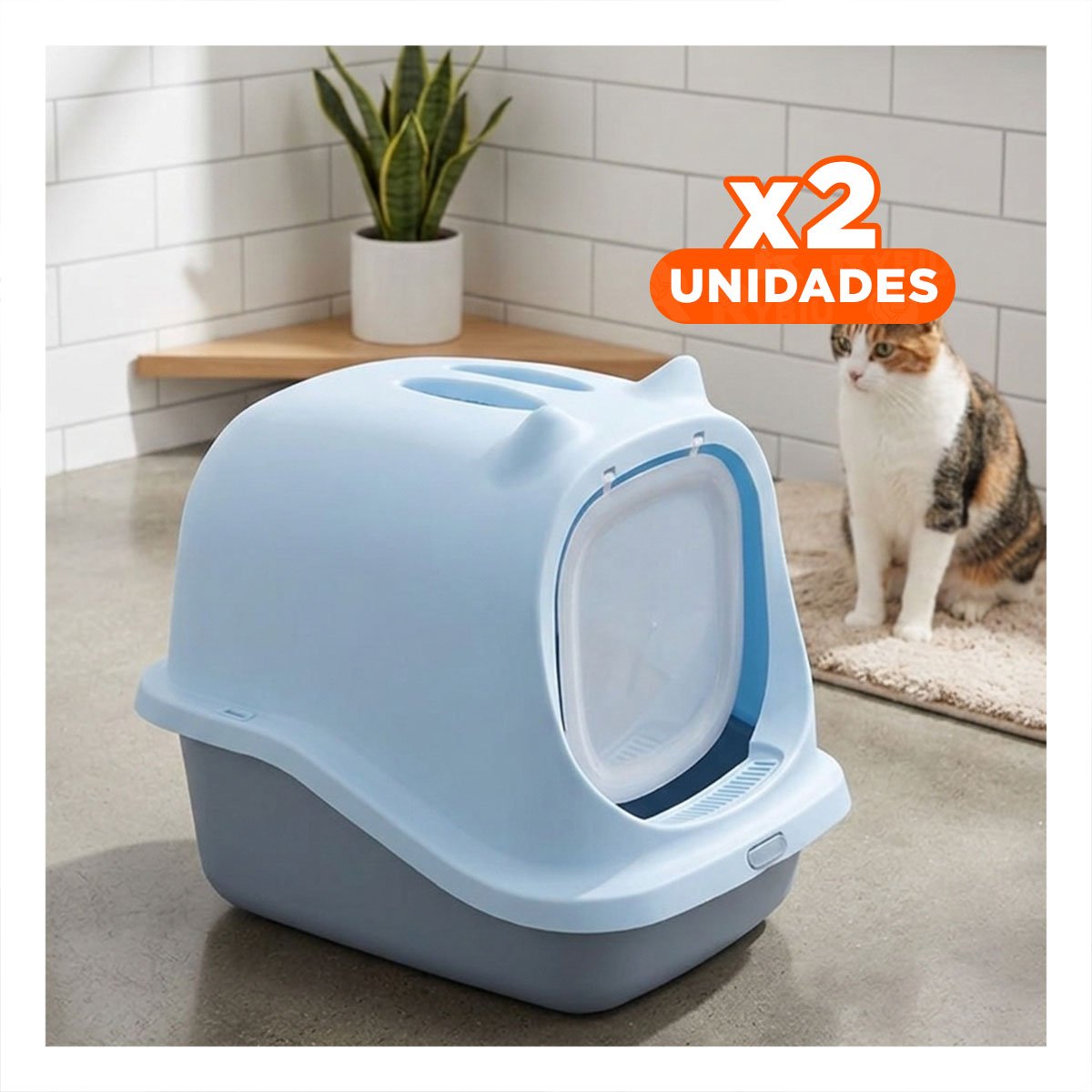 PACK2 BANDEJA HIGIENICA CELESTE CON OREJITAS DECORATIVAS PARA GATO Y+REGALO STICKER - 1