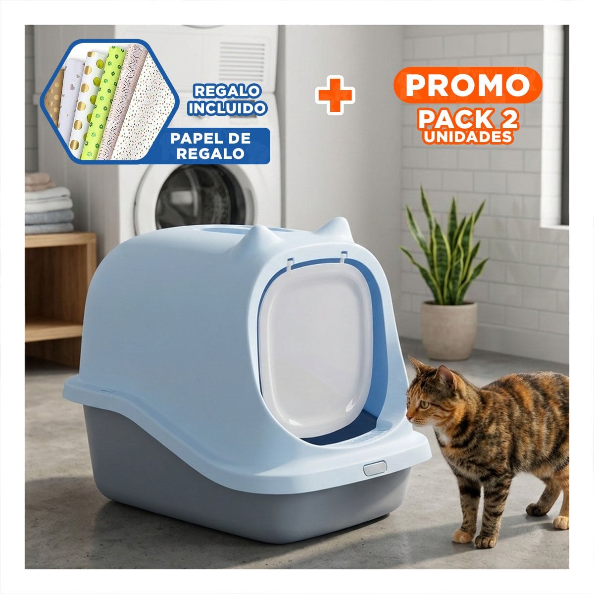 PACK2 CAJA SANITARIA CERRADA CELESTE CON OREJITAS PARA GATO Y+PAPEL REGALO - 1