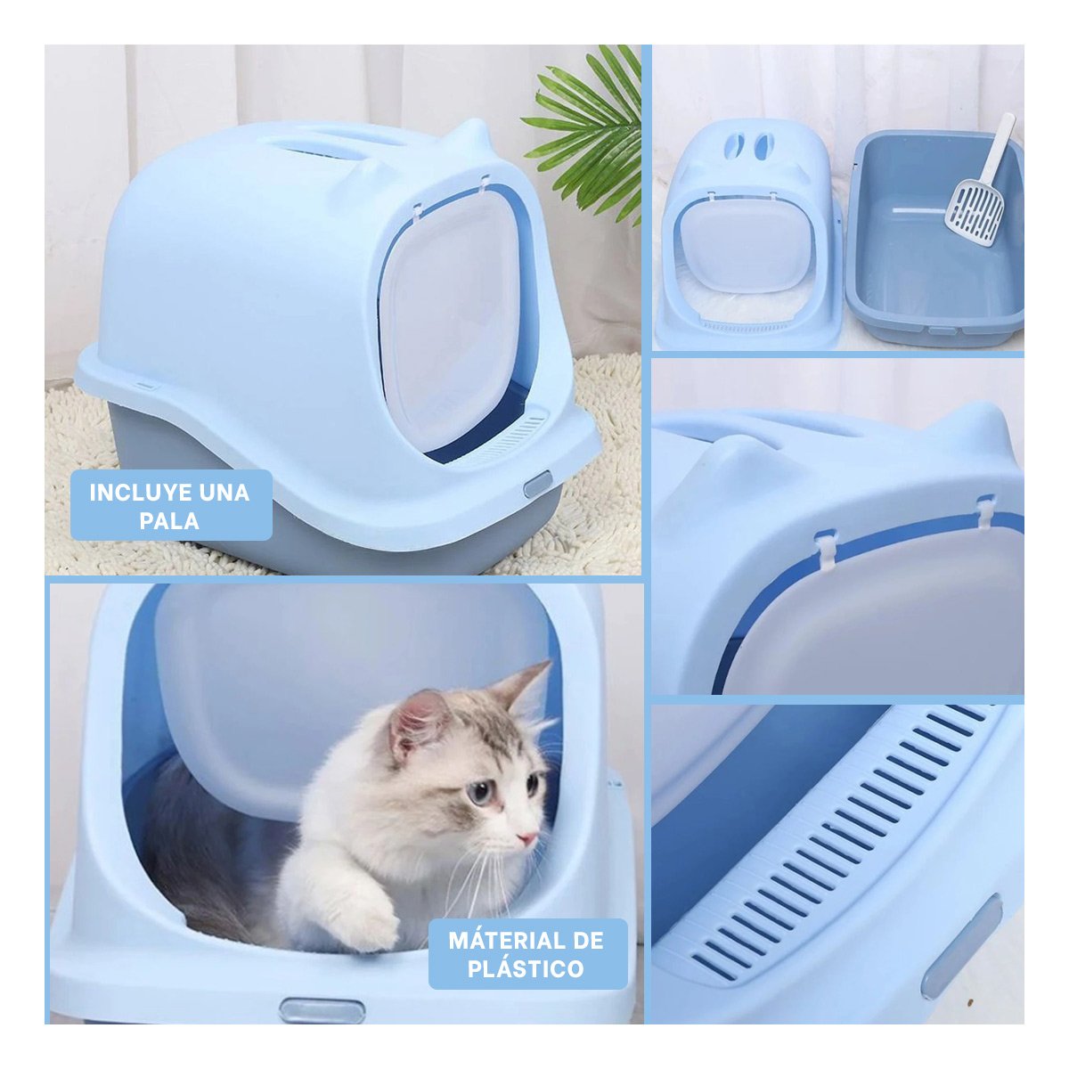 PACK2 CAJA SANITARIA CERRADA CELESTE CON OREJITAS PARA GATO Y+PAPEL REGALO - 3
