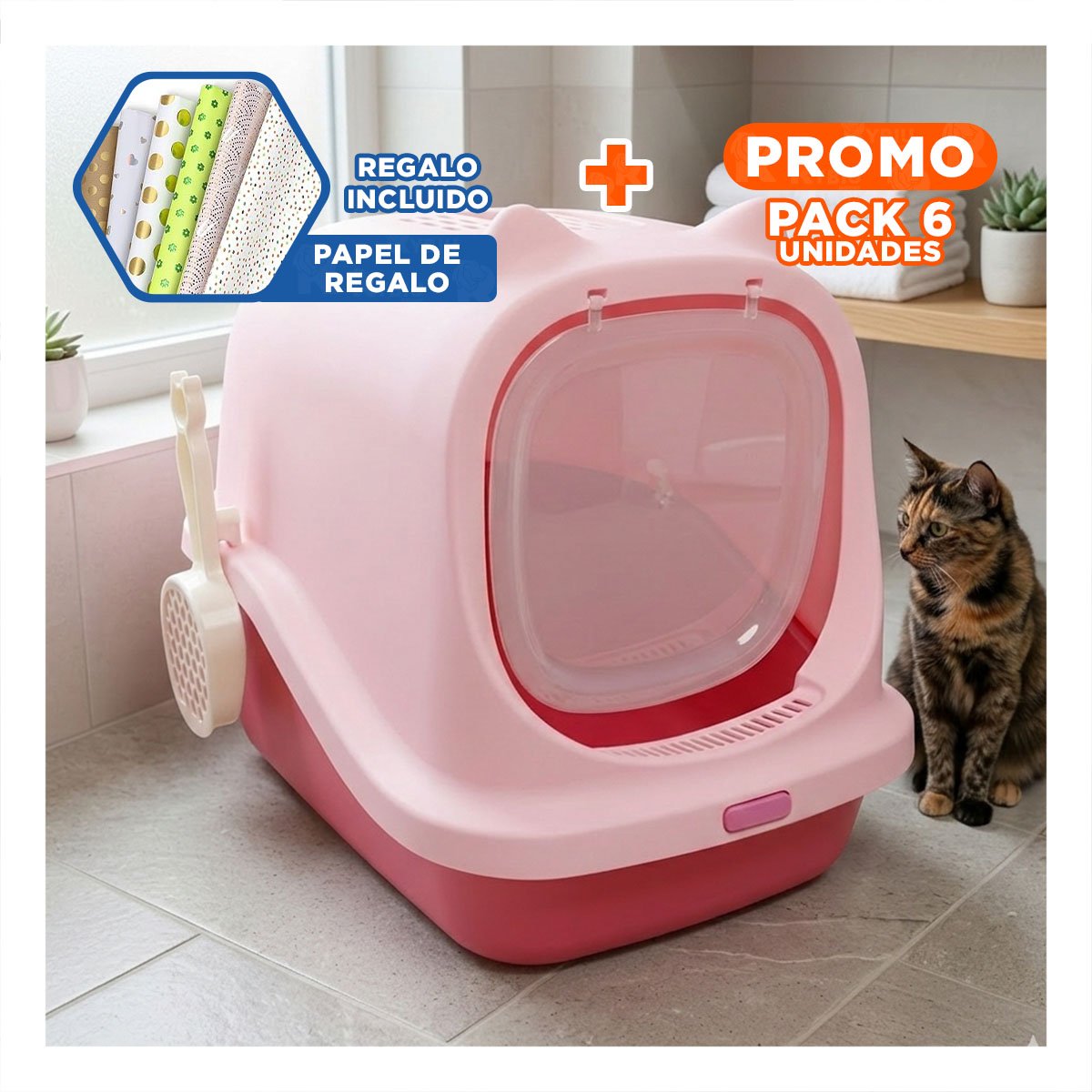 PACK6 BANDEJA HIGIENICA CERRADA CON OREJITAS DE GATO PARA USO DIARIO Y+PAPEL REGALO - 1