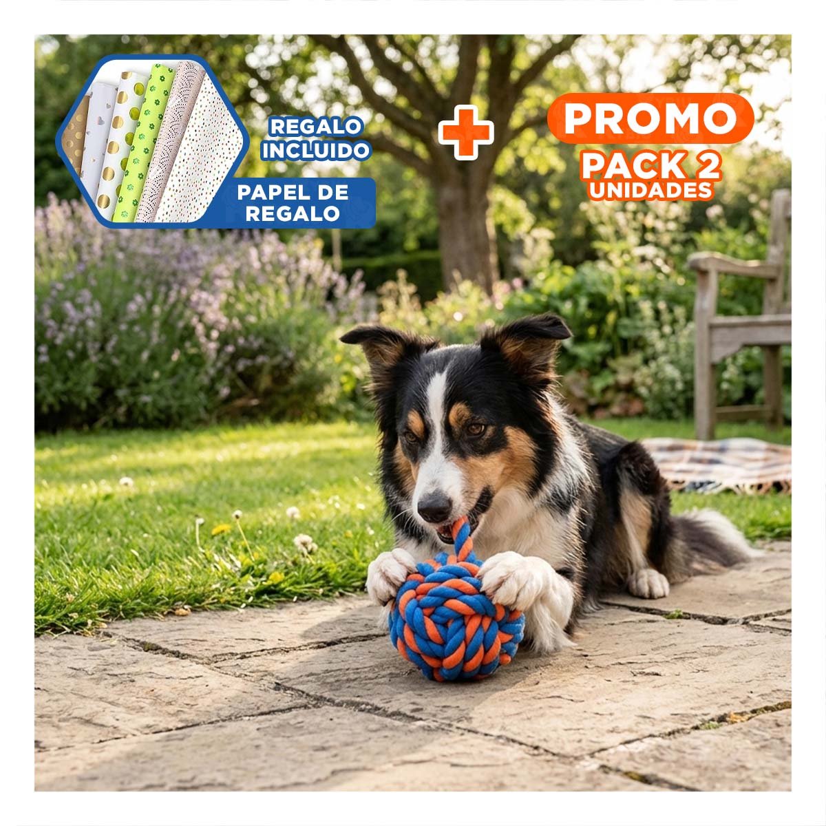 PACK2 HERRAMIENTA INTERACTIVA QUE FORTALECE ENERGIA DE MASCOTAS AZUL NARANJA Y+PAPEL REGALO - 1