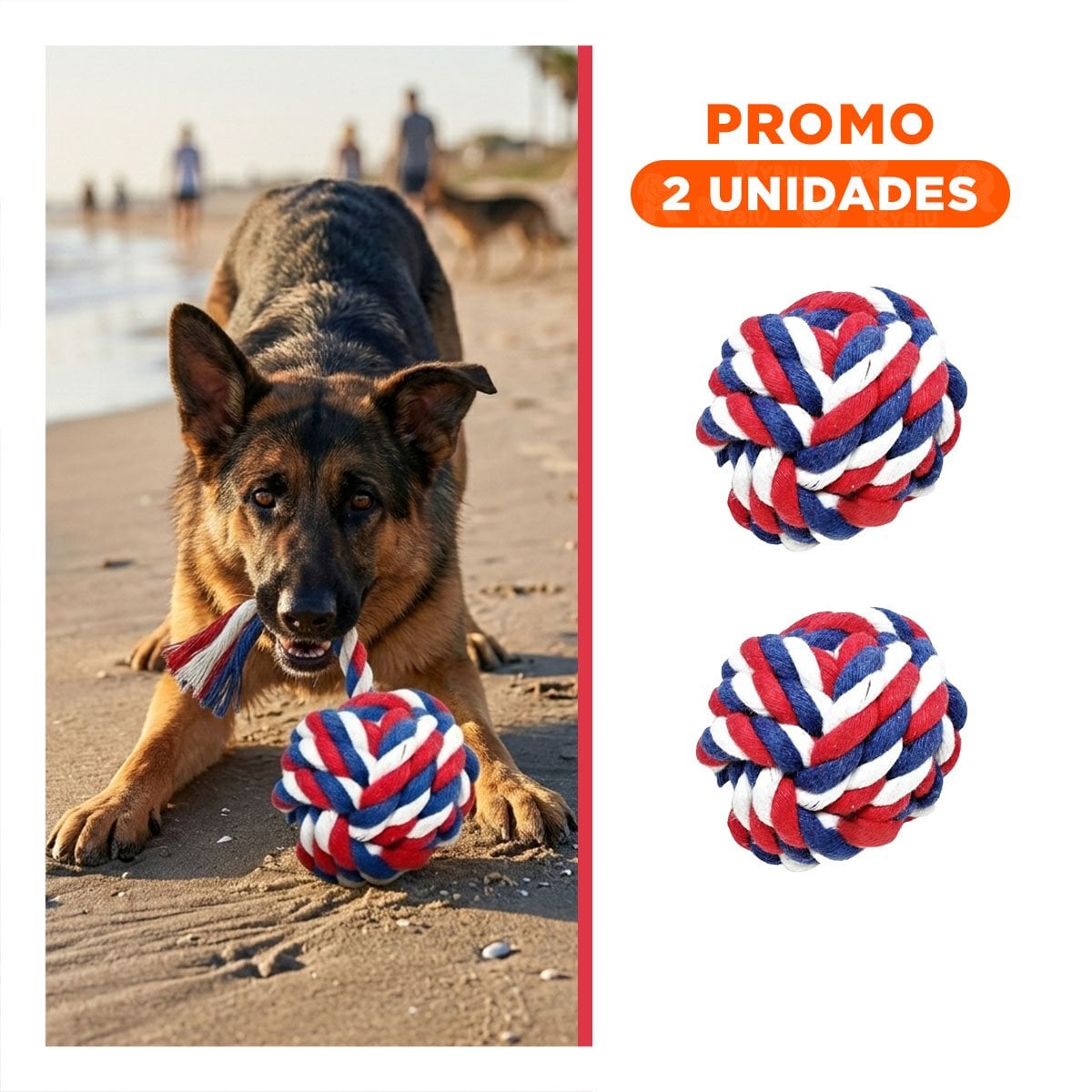 PACK2 BOLA DE SOGA TRENZADA QUE MANTIENE ACTIVOS Y FELICES A PERROS AZUL BLANCO ROJO - 1