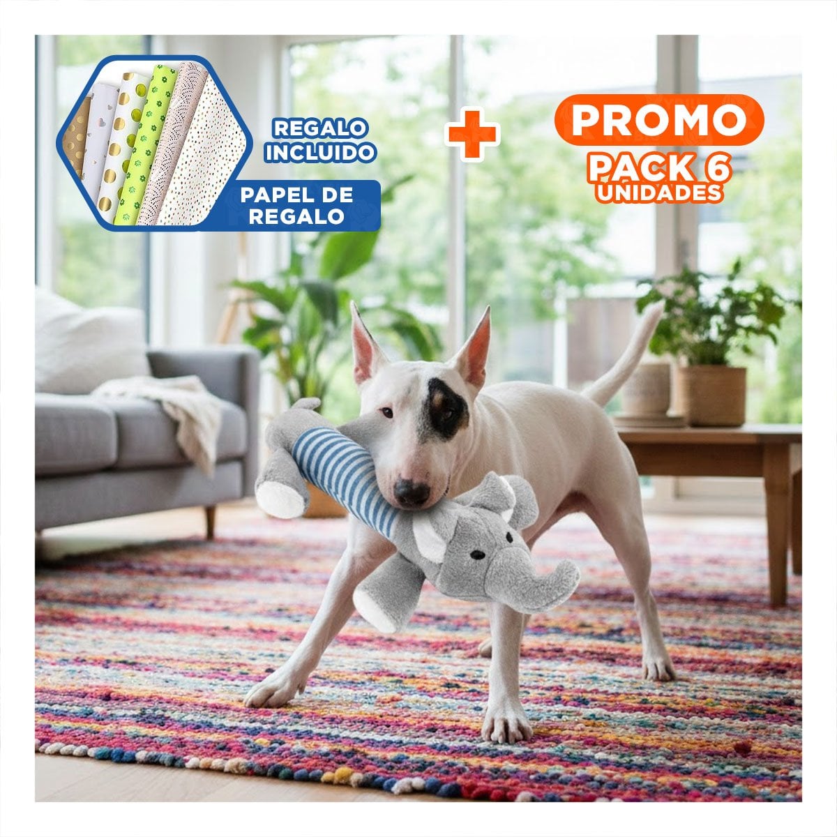 PACK6 INTERACTIVO ELEFANTE CON SONIDO CHIRRIANTE Y TELA SUAVE PLOMO Y CELESTE Y+PAPEL REGALO - 1