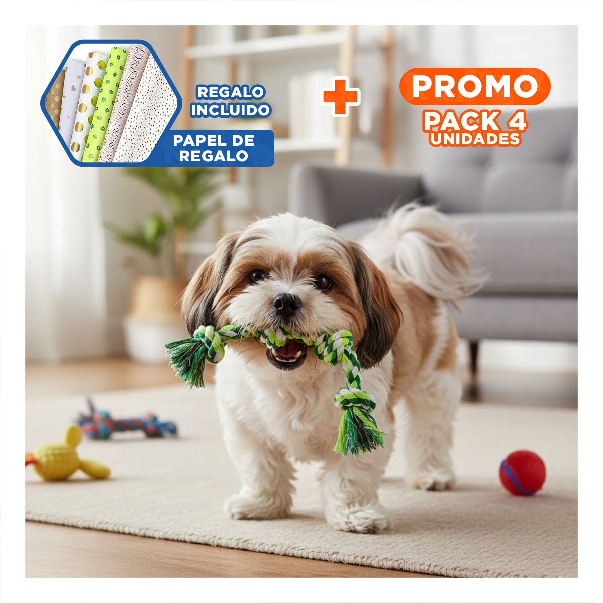 PACK4 CINTA QUE ENTRETIENE Y ESTIMULA ACTIVIDAD FISICA EN MASCOTAS VERDE Y+PAPEL REGALO - 1