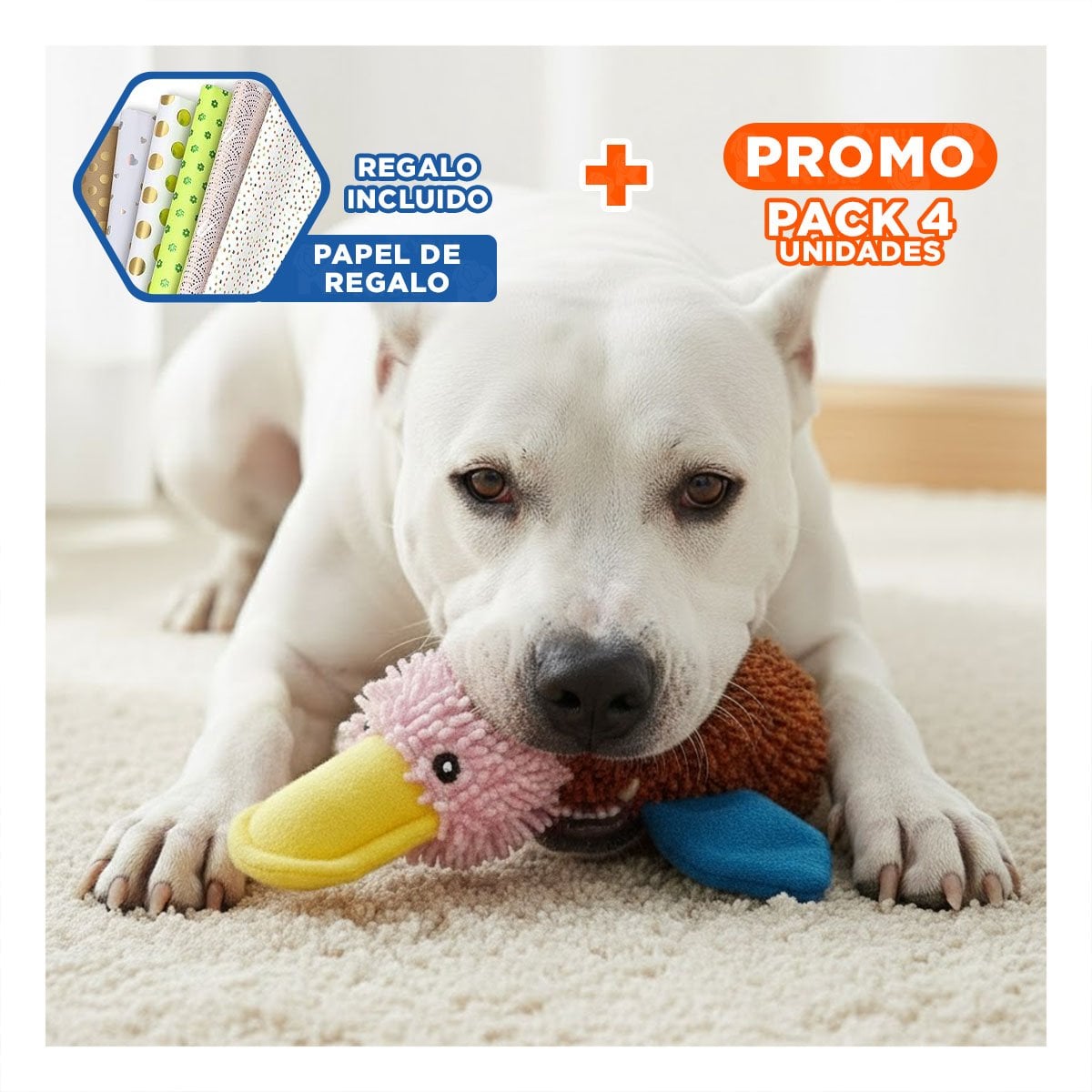 PACK4 JUGUETE PATO PARA TIRAR Y MORDER MASCOTAS MARRON ROSADO Y+PAPEL REGALO - 1